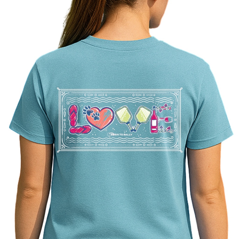 Born to Rally LOVE Pickleball Shirt for Women with Dog Paw Wine and Paddle